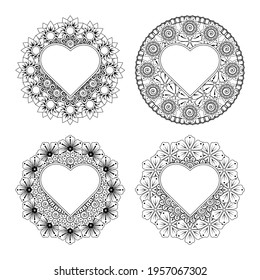 Set of Mehndi flower with frame in shape of heart. Mehndi flower decoration. decorative ornament in ethnic oriental style. coloring page.