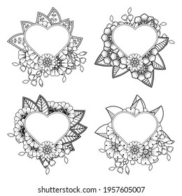 Set of Mehndi flower with frame in shape of heart. Mehndi flower decoration. decorative ornament in ethnic oriental style. coloring page.