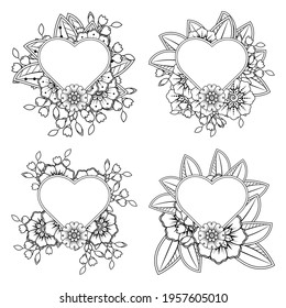 Set of Mehndi flower with frame in shape of heart. Mehndi flower decoration. decorative ornament in ethnic oriental style. coloring page.