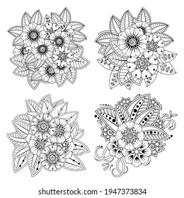 Set of Mehndi flower for henna, mehndi, tattoo, decoration. decorative ornament in ethnic oriental style. coloring book page.