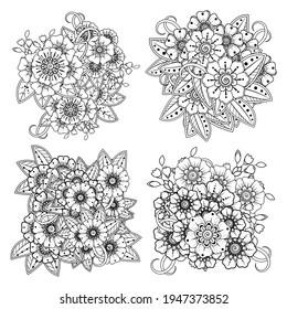 Set of Mehndi flower for henna, mehndi, tattoo, decoration. decorative ornament in ethnic oriental style. coloring book page.