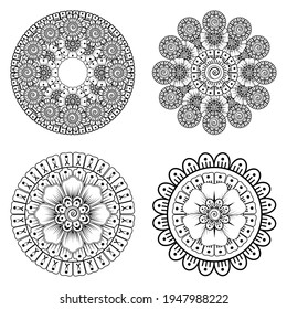 Set of Mehndi flower for henna, mehndi, tattoo, decoration. decorative ornament in ethnic oriental style. coloring book page.