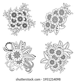 Set of Mehndi flower for henna, mehndi, tattoo, decoration. decorative ornament in ethnic oriental style. coloring book page.