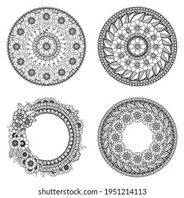 Set of Mehndi flower for henna, mehndi, tattoo, decoration. decorative ornament in ethnic oriental style. coloring book page.