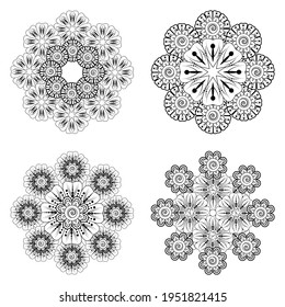 Set of Mehndi flower for henna, mehndi, tattoo, decoration. decorative ornament in ethnic oriental style. coloring book page.