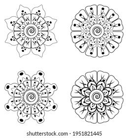 Set of Mehndi flower for henna, mehndi, tattoo, decoration. decorative ornament in ethnic oriental style. coloring book page.