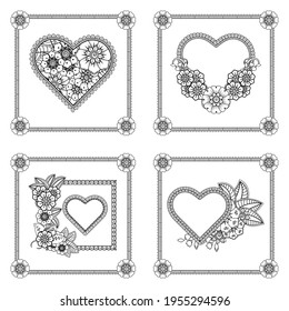 Set of Mehndi flower for henna, mehndi, tattoo, decoration. decorative ornament in ethnic oriental style. coloring book page.