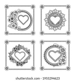 Set of Mehndi flower for henna, mehndi, tattoo, decoration. decorative ornament in ethnic oriental style. coloring book page.