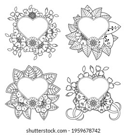 Set of Mehndi flower for henna, mehndi, tattoo, decoration. decorative ornament in ethnic oriental style. doodle ornament. outline hand draw illustration. coloring book page.