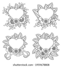 Set of Mehndi flower for henna, mehndi, tattoo, decoration. decorative ornament in ethnic oriental style. doodle ornament. outline hand draw illustration. coloring book page.