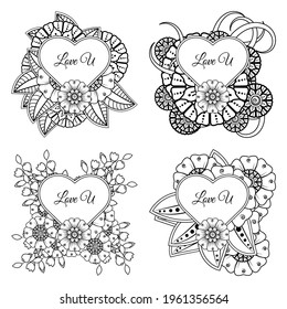 Set of Mehndi flower for henna, mehndi, tattoo, decoration. decorative ornament in ethnic oriental style. doodle ornament. outline hand draw illustration. coloring book page.