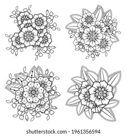 Set of Mehndi flower for henna, mehndi, tattoo, decoration. decorative ornament in ethnic oriental style. doodle ornament. outline hand draw illustration. coloring book page.