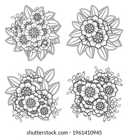 Set of Mehndi flower for henna, mehndi, tattoo, decoration. decorative ornament in ethnic oriental style. doodle ornament. outline hand draw illustration. coloring book page.
