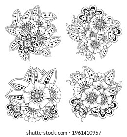 Set of Mehndi flower for henna, mehndi, tattoo, decoration. decorative ornament in ethnic oriental style. doodle ornament. outline hand draw illustration. coloring book page.