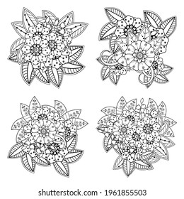 Set of Mehndi flower for henna, mehndi, tattoo, decoration. decorative ornament in ethnic oriental style. coloring book page.