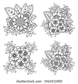 Set of Mehndi flower for henna, mehndi, tattoo, decoration. decorative ornament in ethnic oriental style. doodle ornament. outline hand draw illustration. coloring book page.