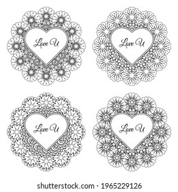 Set of Mehndi flower for henna, mehndi, tattoo, decoration. decorative ornament in ethnic oriental style. doodle ornament. outline hand draw illustration. coloring book page.
