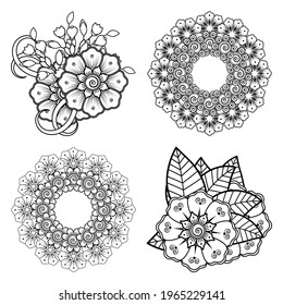Set of Mehndi flower for henna, mehndi, tattoo, decoration. decorative ornament in ethnic oriental style. doodle ornament. outline hand draw illustration. coloring book page.