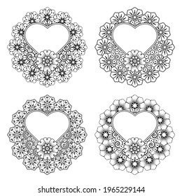 Set of Mehndi flower for henna, mehndi, tattoo, decoration. decorative ornament in ethnic oriental style. doodle ornament. outline hand draw illustration. coloring book page.