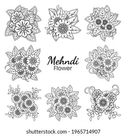 Set of Mehndi flower for henna, mehndi, tattoo, decoration. decorative ornament in ethnic oriental style. doodle ornament. outline hand draw illustration. coloring book page.