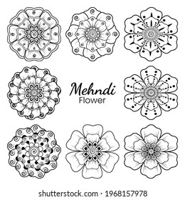 Set of Mehndi flower for henna, mehndi, tattoo, decoration. decorative ornament in ethnic oriental style. doodle ornament. outline hand draw illustration. coloring book page.