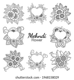 Set of Mehndi flower for henna, mehndi, tattoo, decoration. decorative ornament in ethnic oriental style. doodle ornament. outline hand draw illustration. coloring book page.