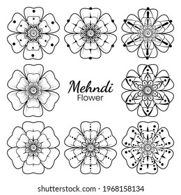 Set of Mehndi flower for henna, mehndi, tattoo, decoration. decorative ornament in ethnic oriental style. doodle ornament. outline hand draw illustration. coloring book page.