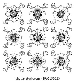 Set of Mehndi flower for henna, mehndi, tattoo, decoration. decorative ornament in ethnic oriental style. doodle ornament. outline hand draw illustration. coloring book page.