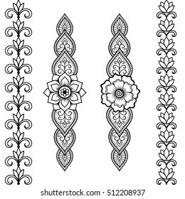 Set of Mehndi flower pattern bracelet and seamless border for Henna drawing and tattoo. Decoration in oriental, Indian style.