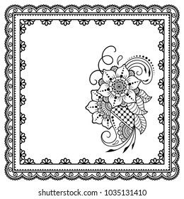 Set of Mehndi flower pattern and frame for Henna drawing and tattoo. Decoration in oriental, Indian style.