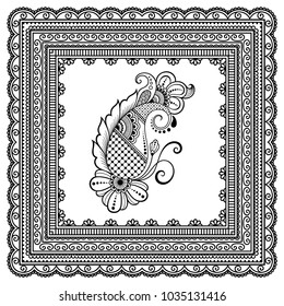 Set of Mehndi flower pattern and frame for Henna drawing and tattoo. Decoration in oriental, Indian style.