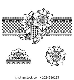 Set of Mehndi flower pattern for Henna drawing and tattoo. Decoration in ethnic oriental, Indian style.