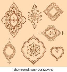 Set of Mehndi flower pattern for Henna drawing and tattoo. Decoration in ethnic oriental, Indian style.