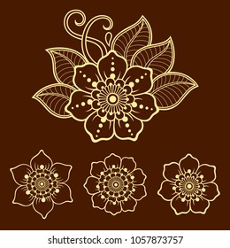 Set of Mehndi flower pattern for Henna drawing and tattoo. Decoration in ethnic oriental, Indian style.