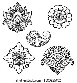 Set of Mehndi flower pattern for Henna drawing and tattoo. Decoration in ethnic oriental, Indian style.