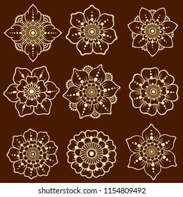 Set of Mehndi flower pattern for Henna drawing and tattoo. Decoration in ethnic oriental, Indian style.
