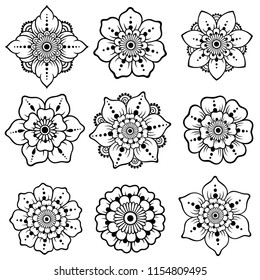 Set of Mehndi flower pattern for Henna drawing and tattoo. Decoration in ethnic oriental, Indian style.