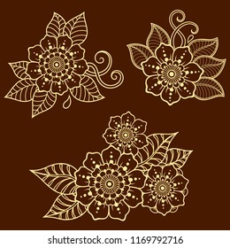 Set of Mehndi flower pattern for Henna drawing and tattoo. Decoration in ethnic oriental, Indian style.