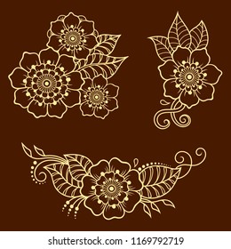 Set of Mehndi flower pattern for Henna drawing and tattoo. Decoration in ethnic oriental, Indian style.