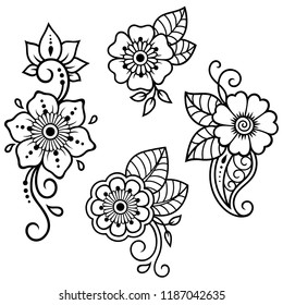 Set of Mehndi flower pattern for Henna drawing and tattoo. Decoration in ethnic oriental, Indian style.