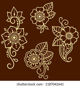 Set of Mehndi flower pattern for Henna drawing and tattoo. Decoration in ethnic oriental, Indian style.