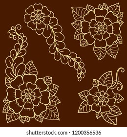 Set of Mehndi flower pattern for Henna drawing and tattoo. Decoration in ethnic oriental, Indian style.
