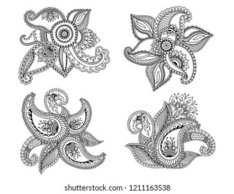 Set of Mehndi flower pattern for Henna drawing and tattoo. Decoration in ethnic oriental, Indian style.