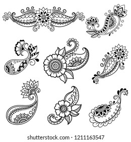 Set of Mehndi flower pattern for Henna drawing and tattoo. Decoration in ethnic oriental, Indian style.