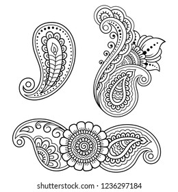 Set of Mehndi flower pattern for Henna drawing and tattoo. Decoration in ethnic oriental, Indian style.