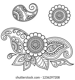 Set of Mehndi flower pattern for Henna drawing and tattoo. Decoration in ethnic oriental, Indian style.