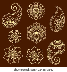 Set Mehndi Flower Pattern Henna Drawing Stock Vector (Royalty Free ...