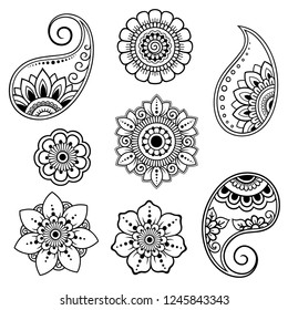 Set of Mehndi flower pattern for Henna drawing and tattoo. Decoration in ethnic oriental, Indian style.