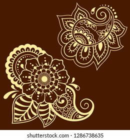 Set of Mehndi flower pattern for Henna drawing and tattoo. Decoration in ethnic oriental, Indian style.