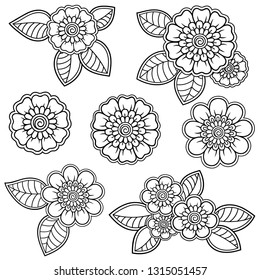Conjunto de motivos florales de Mehndi para el dibujo y tatuaje de Henna. Decoración de estilo étnico oriental e indio.